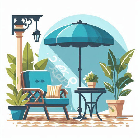 Vector illustration of a cozy terrace with armchair, umbrella and plantsのイラスト素材