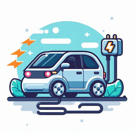 Electric car charging at the charging station. Vector illustration in flat styleのイラスト素材