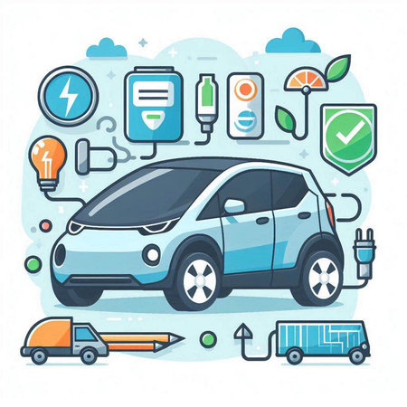 Electric car concept. Vector illustration in thin line style. Blue car with battery, charger, electric plug, light bulb, car charging, charging station, electric car, charging station, charging station.のイラスト素材