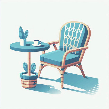 Vector illustration of a chair with a table and a flower in a potのイラスト素材