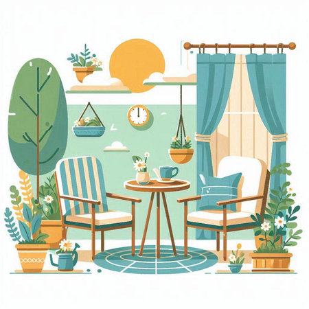 Interior of a cozy living room with furniture and plants. Vector illustrationのイラスト素材