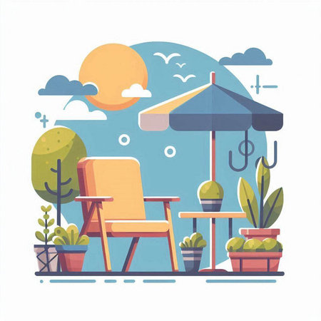 Vector illustration of a summer terrace with chairs and umbrellas.のイラスト素材