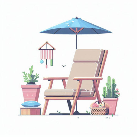 Vector illustration of a deck chair with an umbrella and a basket of flowersのイラスト素材