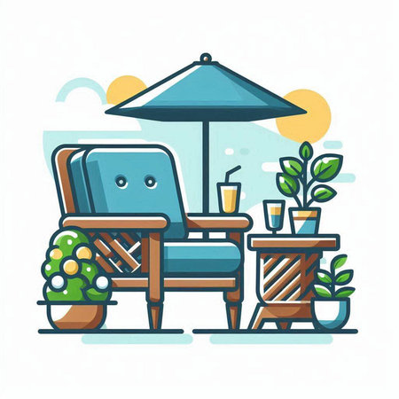 Outdoor cafe with armchair and table. Flat style vector illustration.のイラスト素材