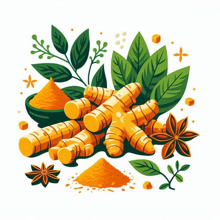 Ginger root, leaves and powder isolated on white background. Vector illustration.のイラスト素材