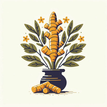 Ginger root and leaves in a pot. Vector illustration in retro style.のイラスト素材