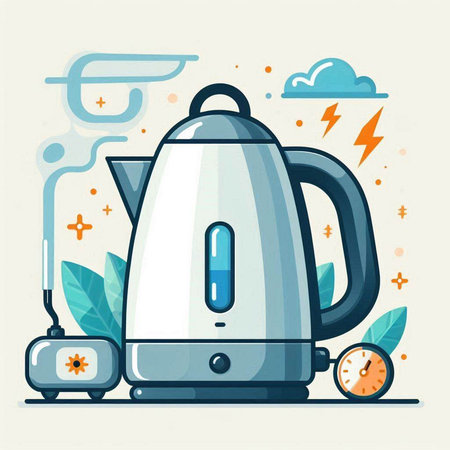 Electric kettle and alarm clock. Vector illustration in flat design style.のイラスト素材