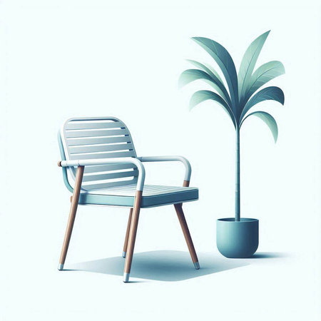modern chair with plant in pot on blue background, 3d renderのイラスト素材