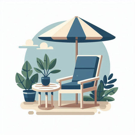 Beach chair with umbrella and plants. Vector illustration in flat styleのイラスト素材