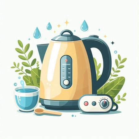 Electric kettle with tea and coffee cup. Illustration in vector formatのイラスト素材