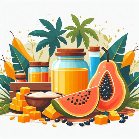 Papaya, watermelon, honey and honey jar. Vector illustrationのイラスト素材