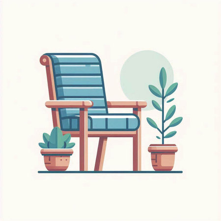 Wooden armchair and potted plants. Flat vector illustration.のイラスト素材