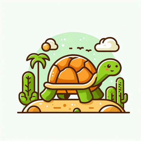 Turtle on the beach. Cute cartoon vector illustration in flat style.のイラスト素材