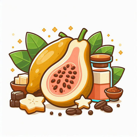 Fresh guava fruit and essential oil. Vector illustration in cartoon style.のイラスト素材