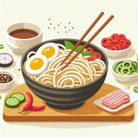 Illustration of a bowl of udon noodles with fried egg and vegetablesのイラスト素材