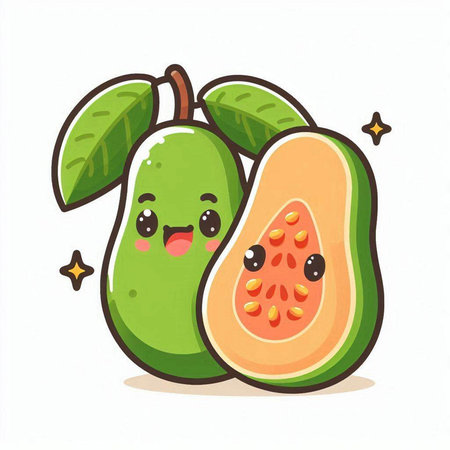 Cute cartoon guava fruit character. Vector illustration isolated on white background.のイラスト素材
