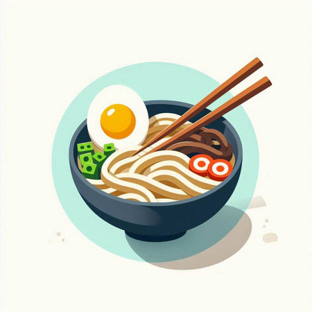 Bowl of noodle soup with egg on white background. Vector illustration.のイラスト素材