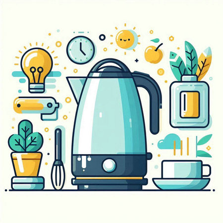 Kitchen equipment. Electric kettle, coffee cup, whisk, coffee cup, alarm clock. Flat style vector illustration.のイラスト素材