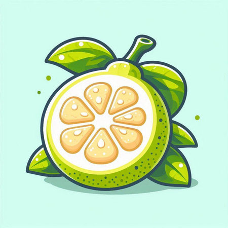 Illustration of a fresh pomelo fruit with green leaves.のイラスト素材
