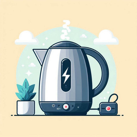 Electric kettle vector illustration. Flat design style. Modern household appliances.のイラスト素材