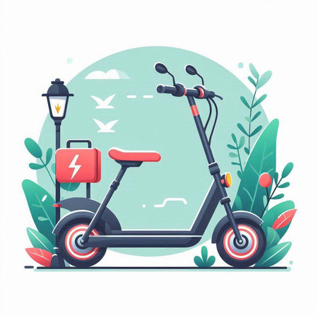 Electric scooter in the garden. Vector illustration in flat style.のイラスト素材