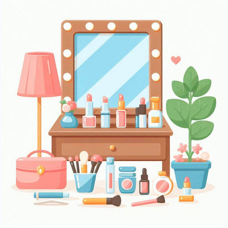 Cosmetics and beauty products in dressing room. Flat style vector illustration.のイラスト素材