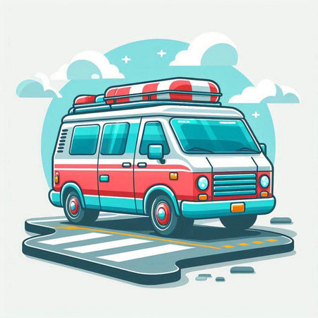 Vector illustration of a retro ambulance car on the road with crosswalkのイラスト素材