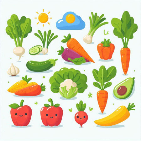 Cartoon vegetables and fruits. Vector illustration of a set of vegetables.のイラスト素材