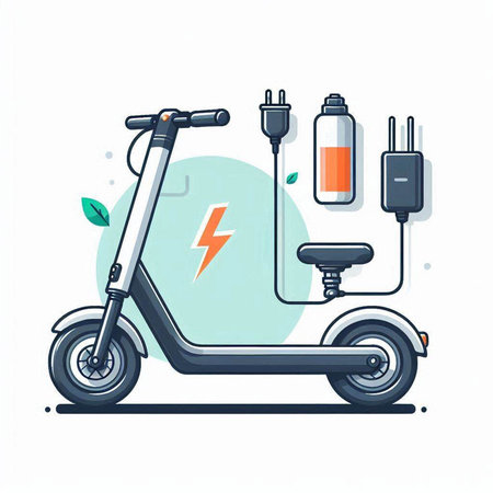 Electric scooter with charging cable. Ecological transport. Vector illustration.のイラスト素材