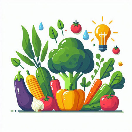 Vegetables and fruits with lightbulb. Vector illustration.のイラスト素材