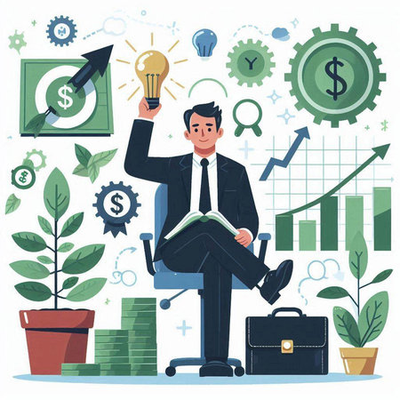 Businessman sitting on a chair and holding a book. Vector illustrationのイラスト素材