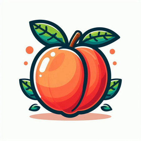 Peach fruit with leaves on white background. Vector cartoon illustration.のイラスト素材