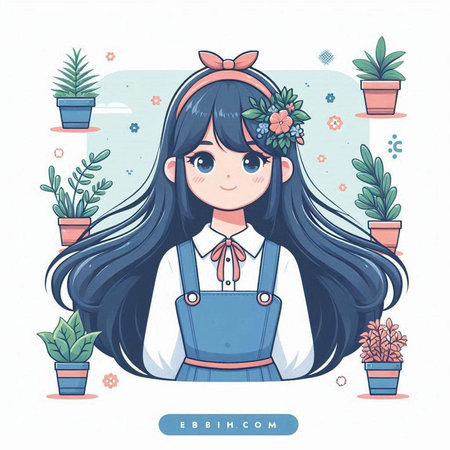 Cute girl with flowers in her hair. Vector illustration in cartoon style.のイラスト素材