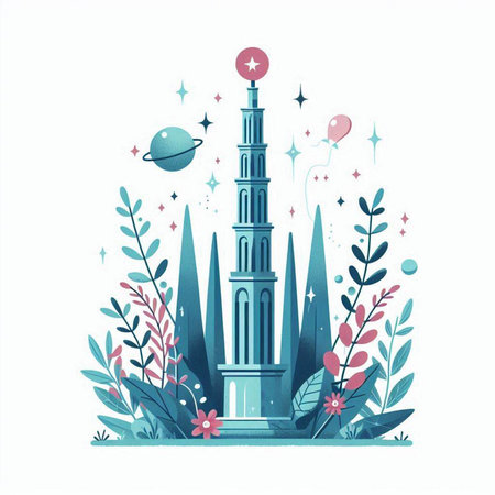 Vector illustration of a mosque with floral elements. Flat style design.のイラスト素材