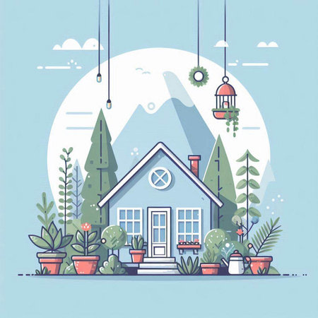 Vector illustration of a house on a background of mountains and plants.のイラスト素材