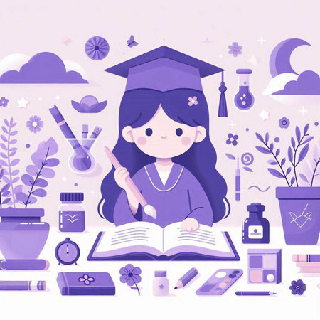 Illustration of a Girl in Graduation Cap and School Suppliesのイラスト素材