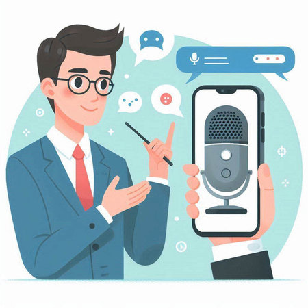 Man in suit with microphone and speech bubble. Vector illustration in flat styleのイラスト素材