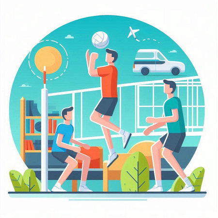 People playing volleyball in the park, flat vector illustration. Teamwork and leisure concept.のイラスト素材