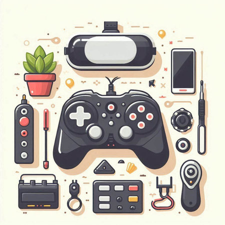 Vector illustration of modern video game equipment. Gamepad, joystick, game controller, console, mobile phone.のイラスト素材