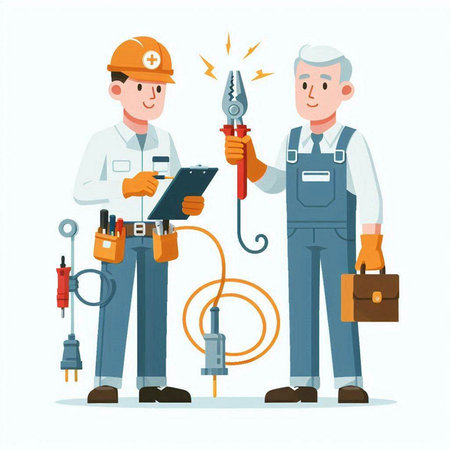 Electrician and electrician with tools. Vector illustration in cartoon style.のイラスト素材