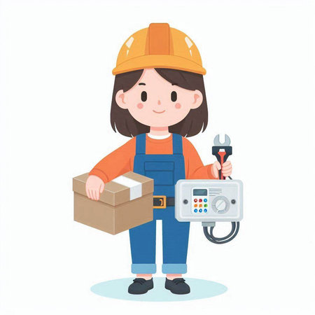 Illustration of a Kid Girl Wearing a Hard Hat Holding a Power Supplyのイラスト素材