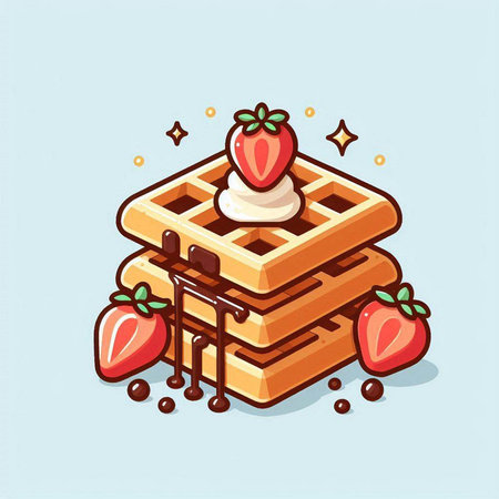 Belgian waffles with strawberry and chocolate sauce. Vector illustration.のイラスト素材