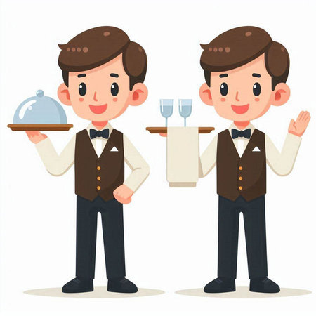 Waiter and waiter holding tray and cloche. Vector illustration.のイラスト素材