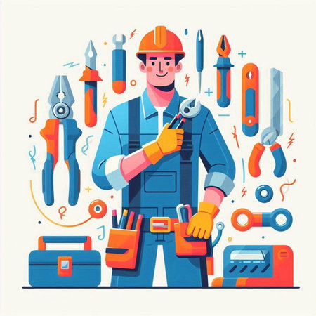 Repairman with tools and instruments in flat style. Vector illustration.のイラスト素材