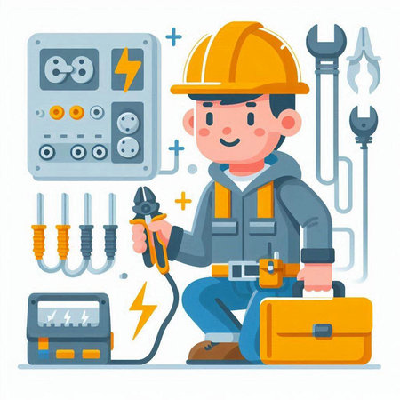 Electrician with tools. Vector illustration in a flat style on a white background.のイラスト素材