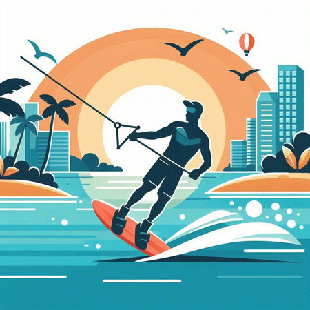 Surfer on the board on the background of the city. Vector illustrationのイラスト素材