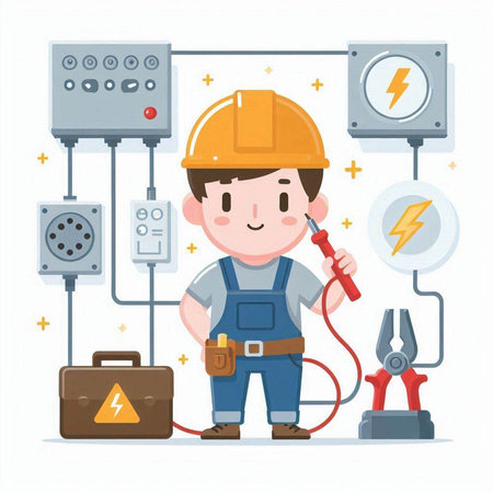 Electrician with electrical equipment. Vector illustration in a flat style.のイラスト素材