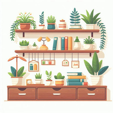 Vector illustration of a shelf with books, plants and accessories in flat styleのイラスト素材