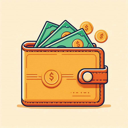 Wallet with money and coins. Vector illustration in a flat style.のイラスト素材