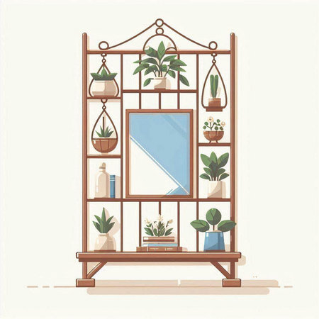 Vector illustration of a shelf with plants in pots and a mirror.のイラスト素材